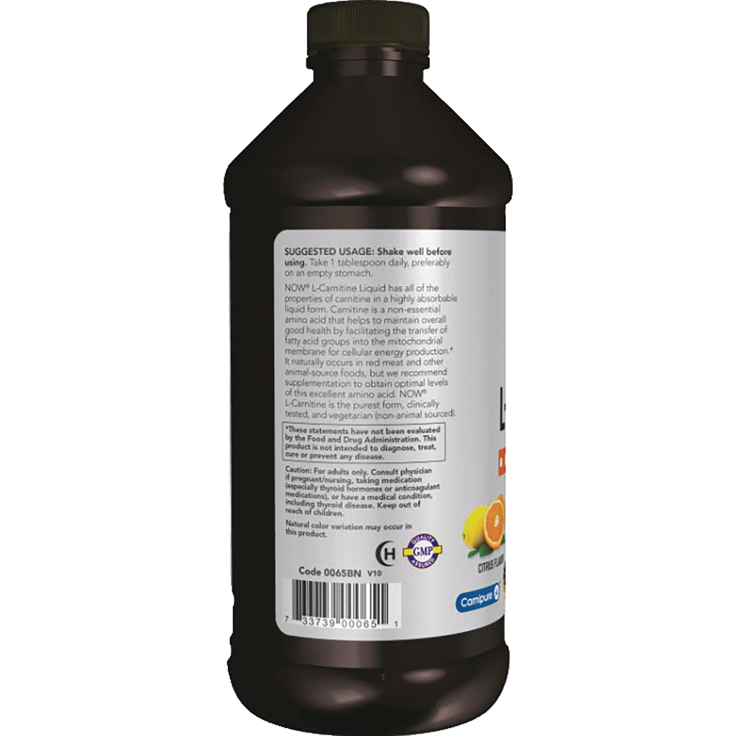 NWF323 | Back label of liquid supplement bottle showing usage directions, barcode, and citrus image