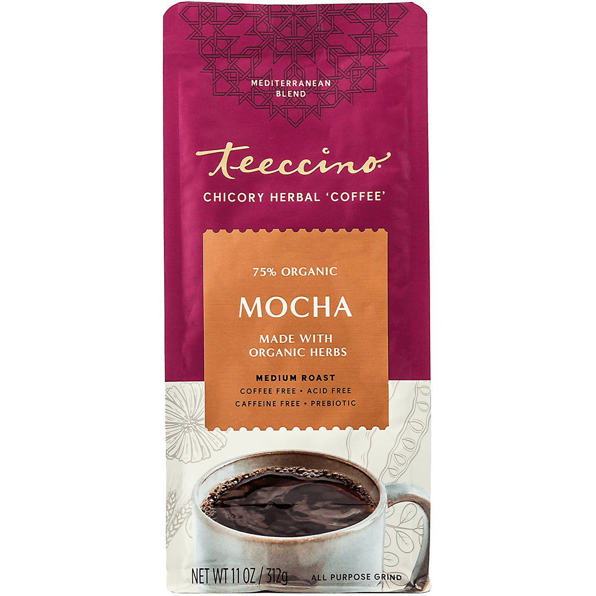 TCN004 | Teecino chicory herbal coffee, Mocha, 75% organic, medium roast, coffee free, 11 oz bag front
