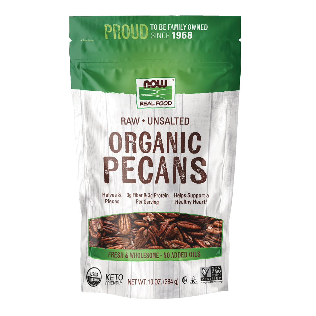 NWF1420 | NOW Real Food raw unsalted organic pecans pouch 10 oz front packaging with product window - Thumbnail