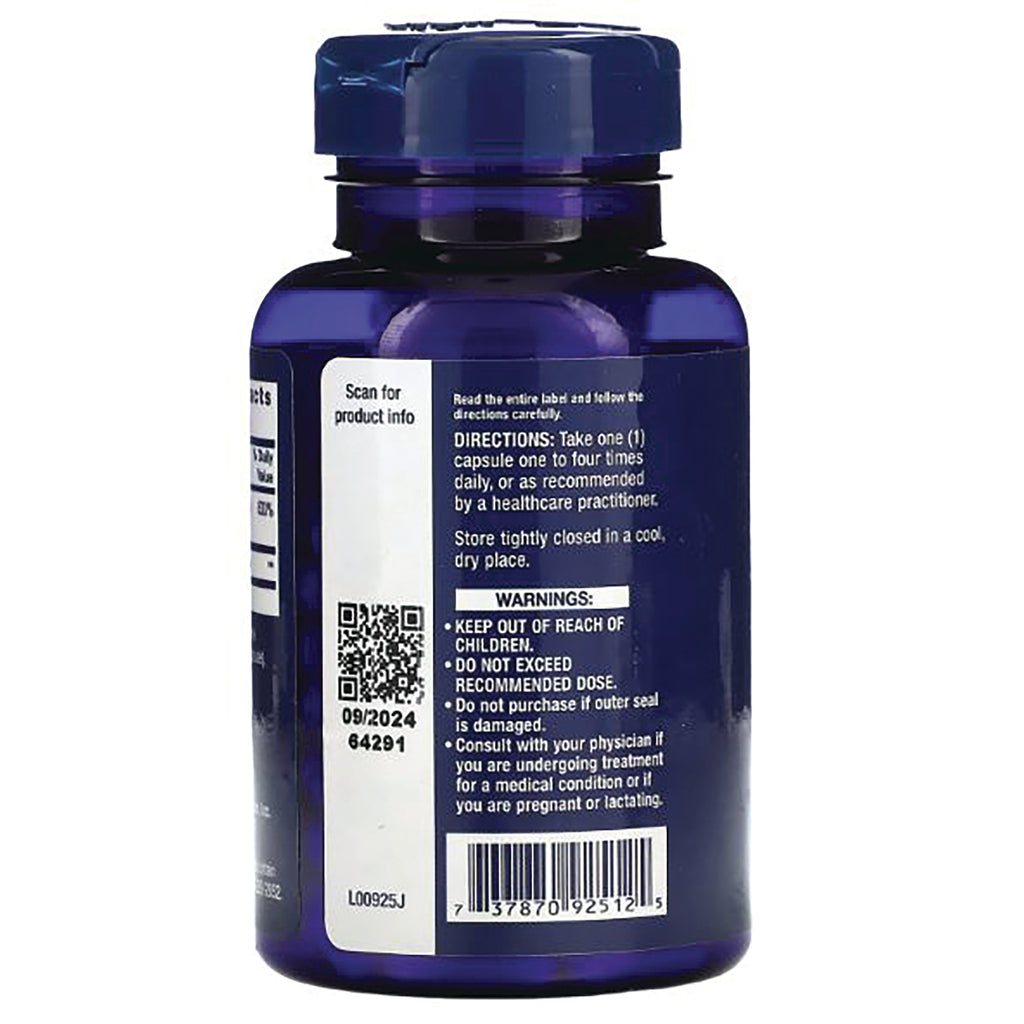 LE145 | DIRECTIONS and WARNINGS panel on blue supplement bottle back with QR code and barcode visible - Thumbnail