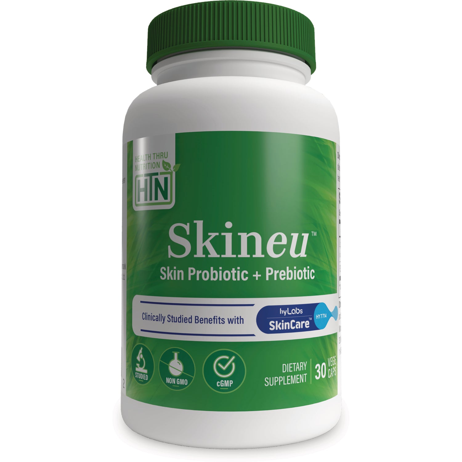 HTN012 | Skineu skin probiotic + prebiotic white bottle with green label, 30 veggie caps dietary supplement