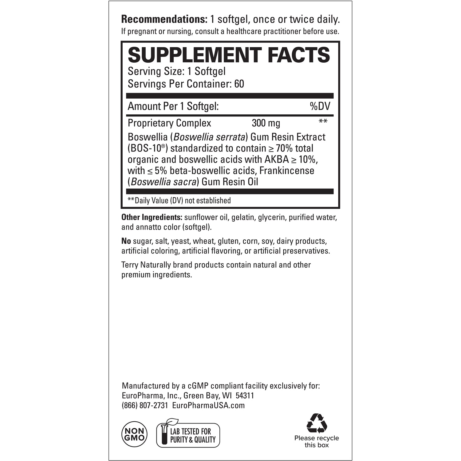 EUR039 | Supplement facts back label showing Serving Size: 1 Softgel, Proprietary Complex 300 mg, other ingredients and manufacturer info