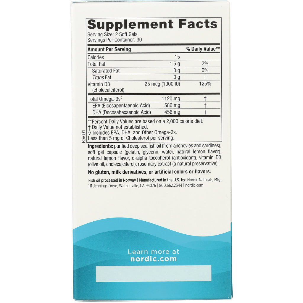 NRN086 | Back panel with Supplement Facts listing serving size 2 soft gels, Vitamin D3 25 mcg, Total Omega-3s 1120 mg and ingredients - Thumbnail