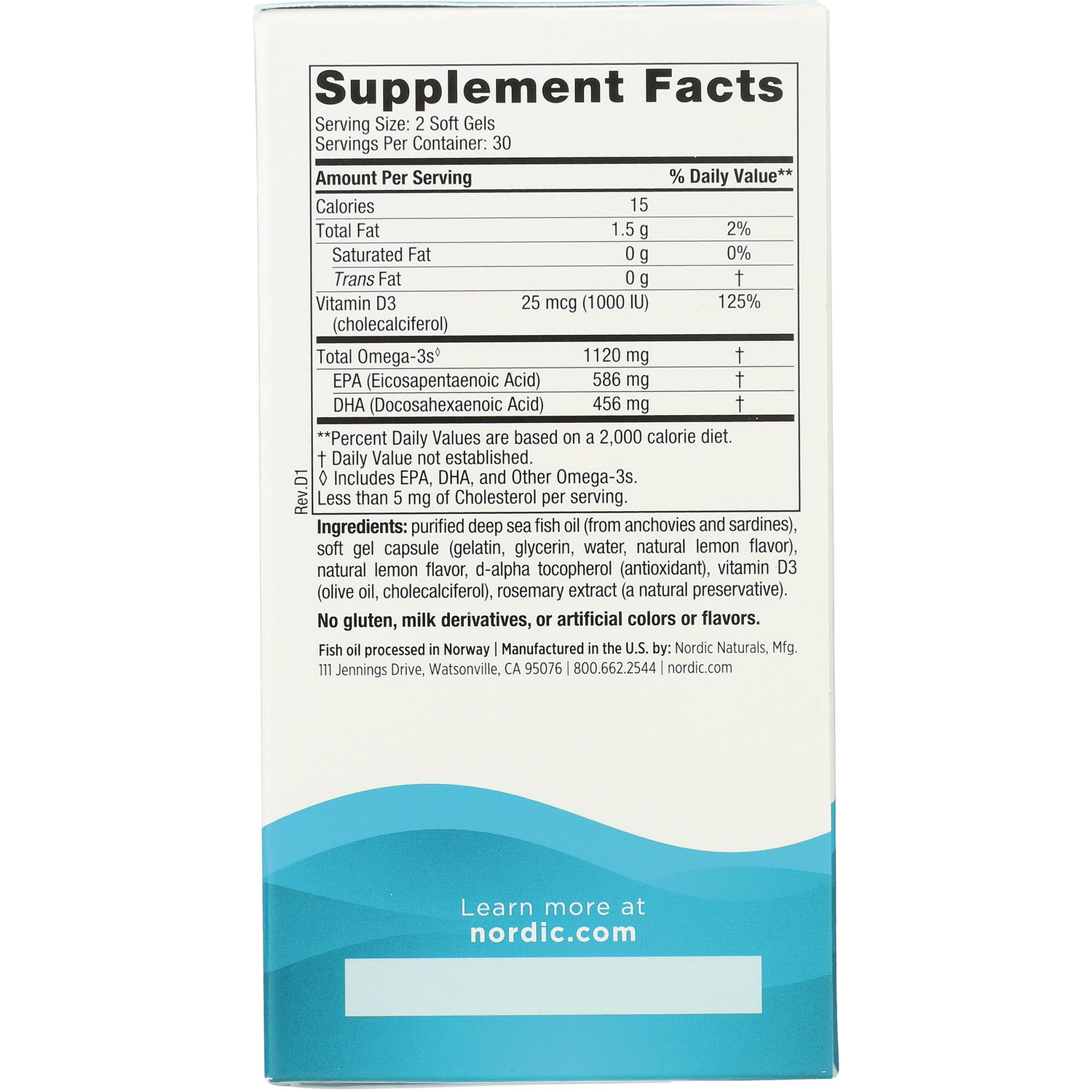 NRN086 | Back panel with Supplement Facts listing serving size 2 soft gels, Vitamin D3 25 mcg, Total Omega-3s 1120 mg and ingredients
