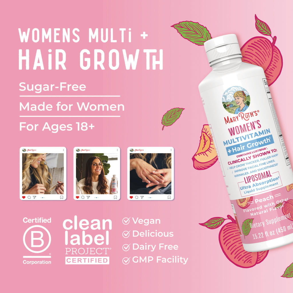 MRR024 | Product infographic showing MaryRuth's Women's Multivitamin + Hair Growth bottle with benefits and certifications - Thumbnail
