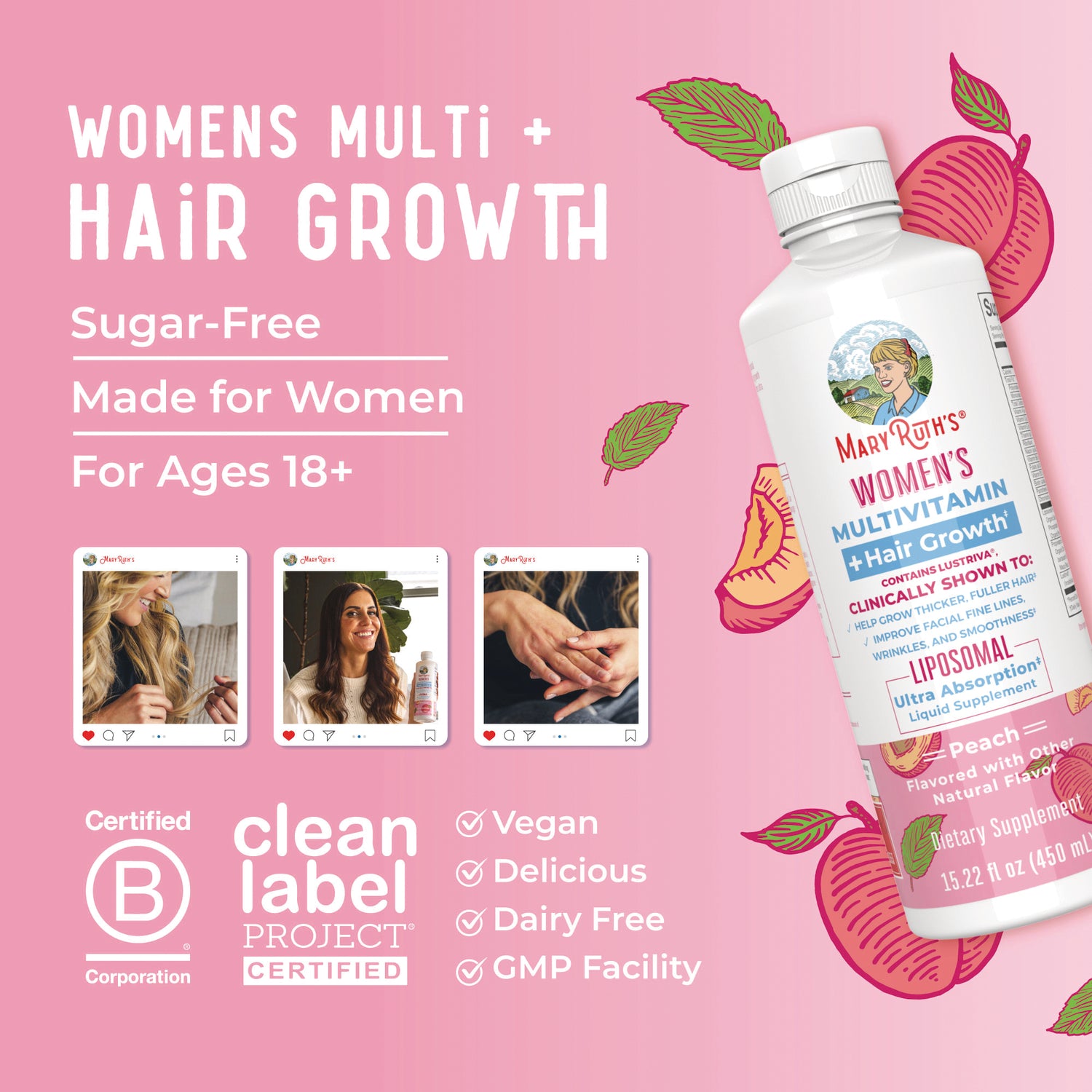 MRR024 | Product infographic showing MaryRuth's Women's Multivitamin + Hair Growth bottle with benefits and certifications