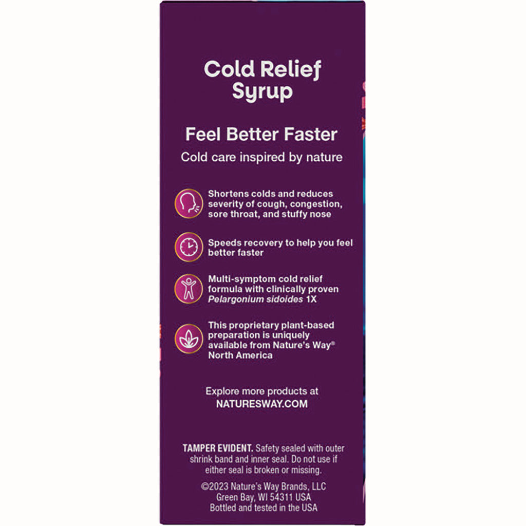 NW584 | Cold Relief Syrup infographic panel listing benefits, multi-symptom formula, speeds recovery, tamper evident - Thumbnail