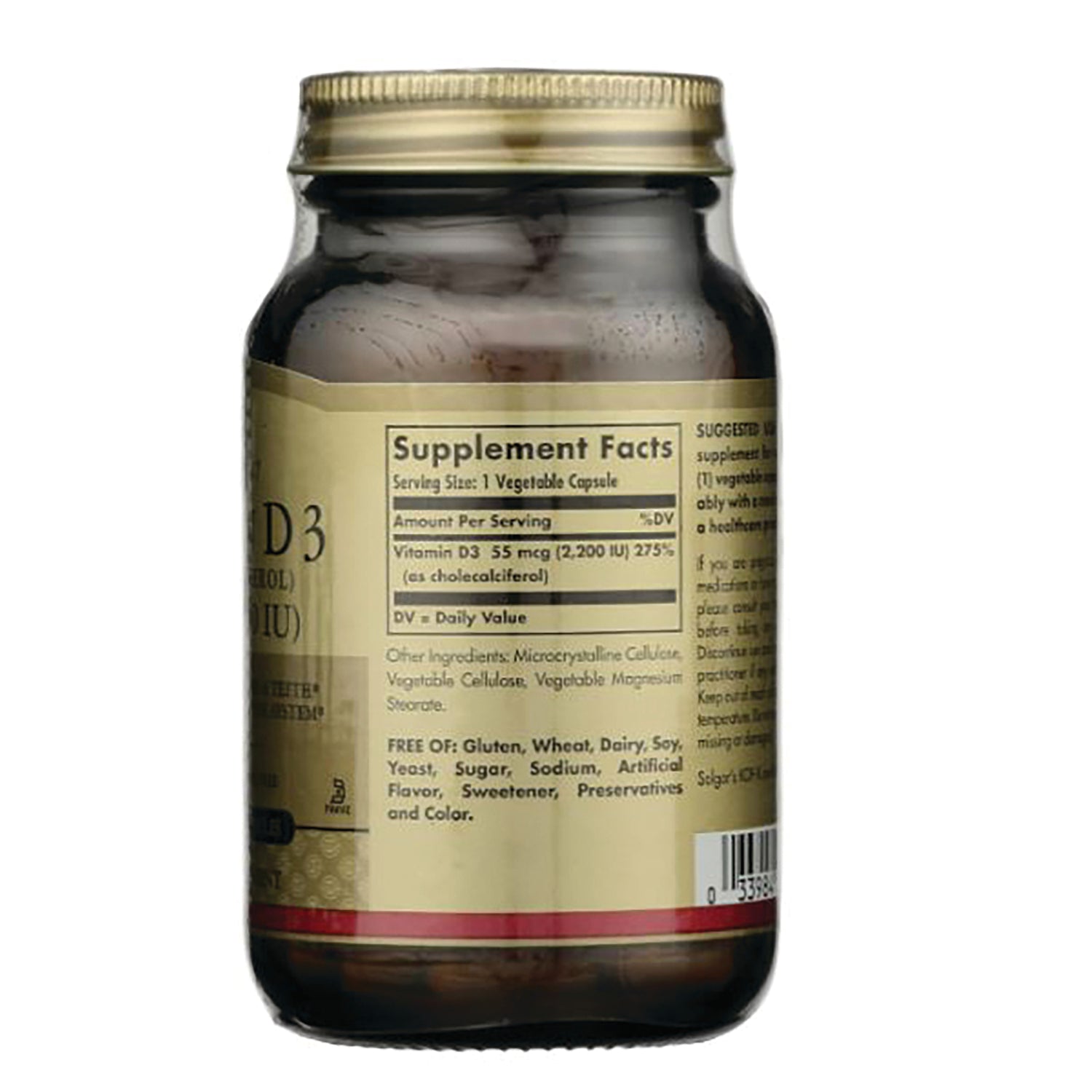 SLG249 | Back of amber supplement bottle showing Supplement Facts label, ingredient list and barcode