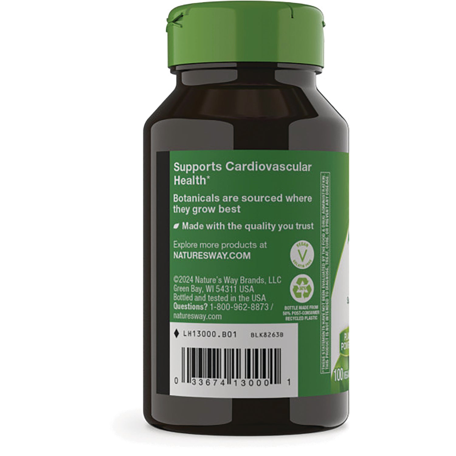 NW935 | back label of brown supplement bottle showing Supports Cardiovascular Health text, barcode and company contact info