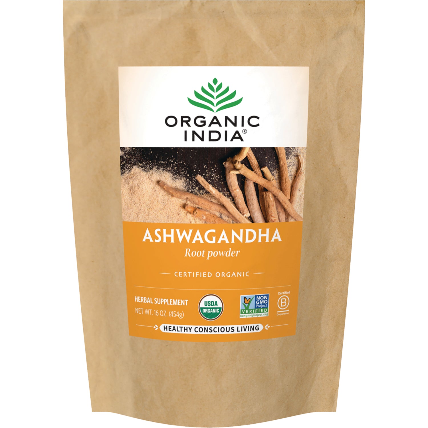 RGN082 | Organic India Ashwagandha root powder in a brown stand-up pouch with label showing USDA Organic and net wt 16 oz