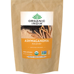 RGN082 | Organic India Ashwagandha root powder in a brown stand-up pouch with label showing USDA Organic and net wt 16 oz