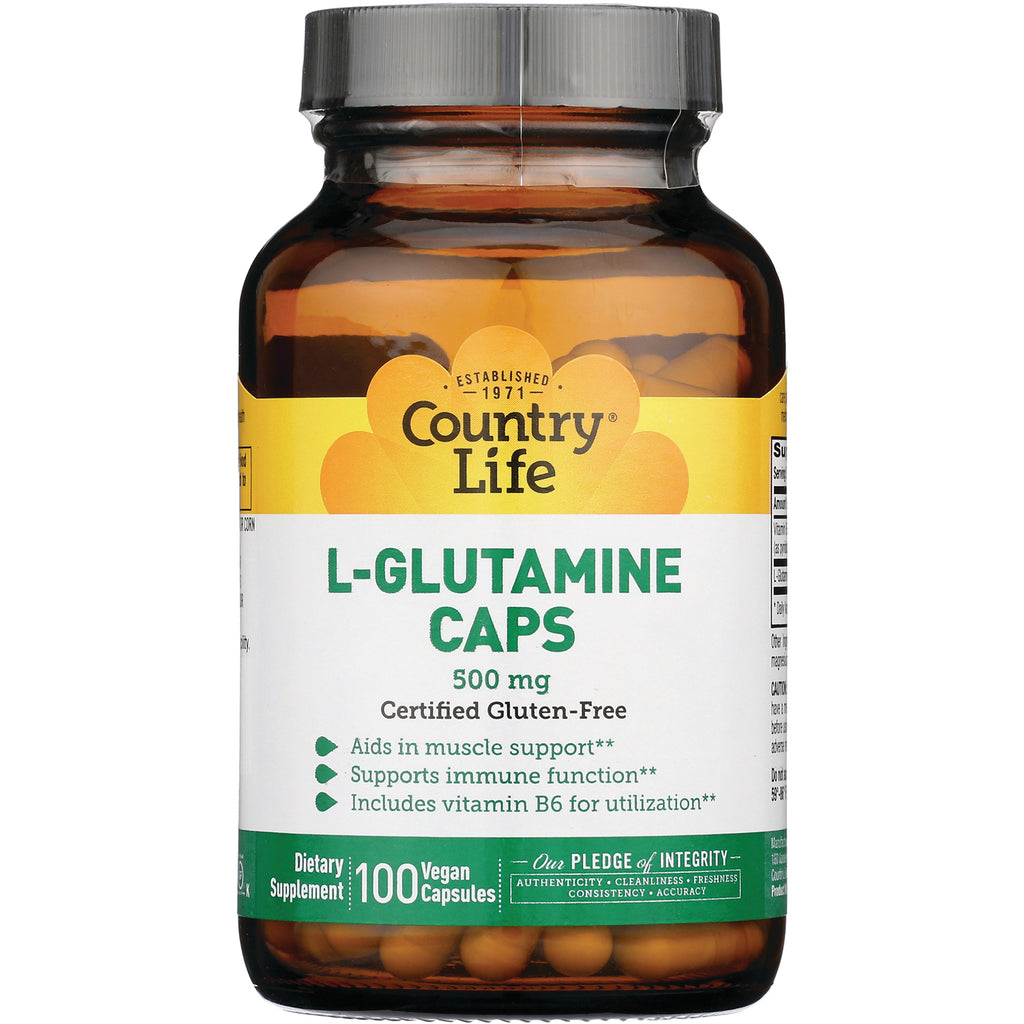 CRL481 | Country Life L-Glutamine Caps 500 mg bottle, certified gluten-free, 100 vegan capsules - Thumbnail