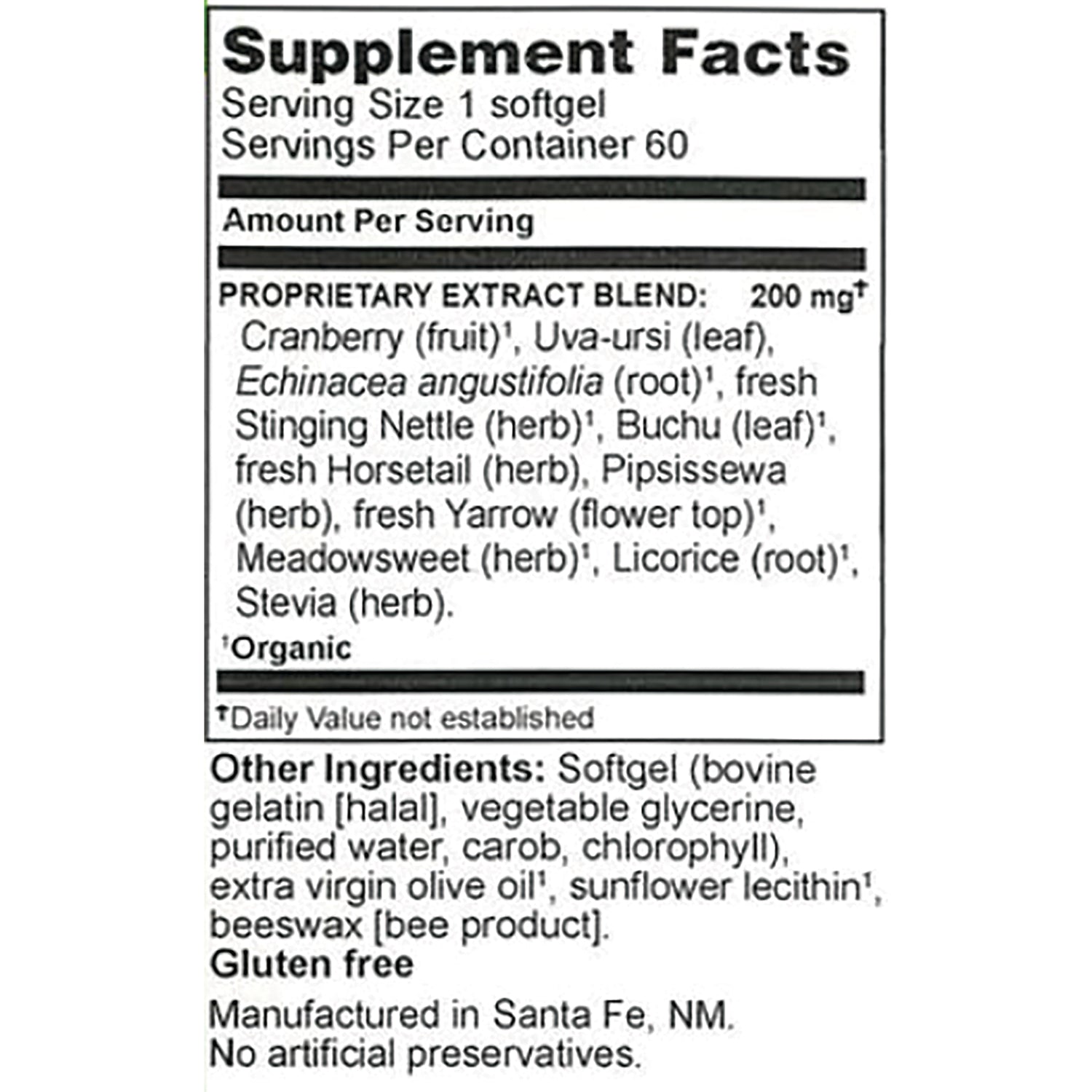 HE114 | Supplement Facts panel showing proprietary extract blend 200 mg, other ingredients, gluten free, manufactured in Santa Fe, NM
