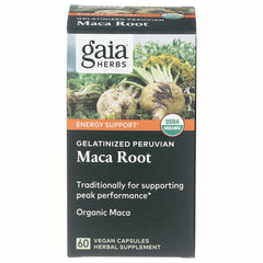 Gaia Herbs Maca Root supplement box front showing maca roots, USDA Organic seal, 60 vegan capsules