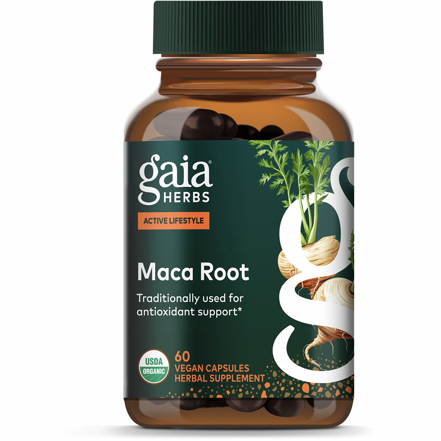 Gaia Herbs Maca Root supplement box front showing maca roots, USDA Organic seal, 60 vegan capsules