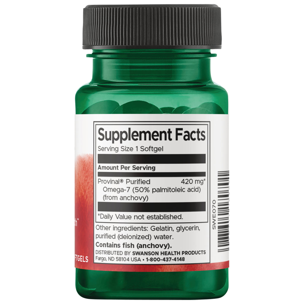 SWE070 | Back label with Supplement Facts; Provinal purified Omega-7; serving size 1 softgel; 420 mg; contains fish (anchovy) - Thumbnail