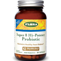 FL041 | Flora Super 8 Hi-Potency Probiotic amber bottle front label reads 42 billion cells, 30 capsules