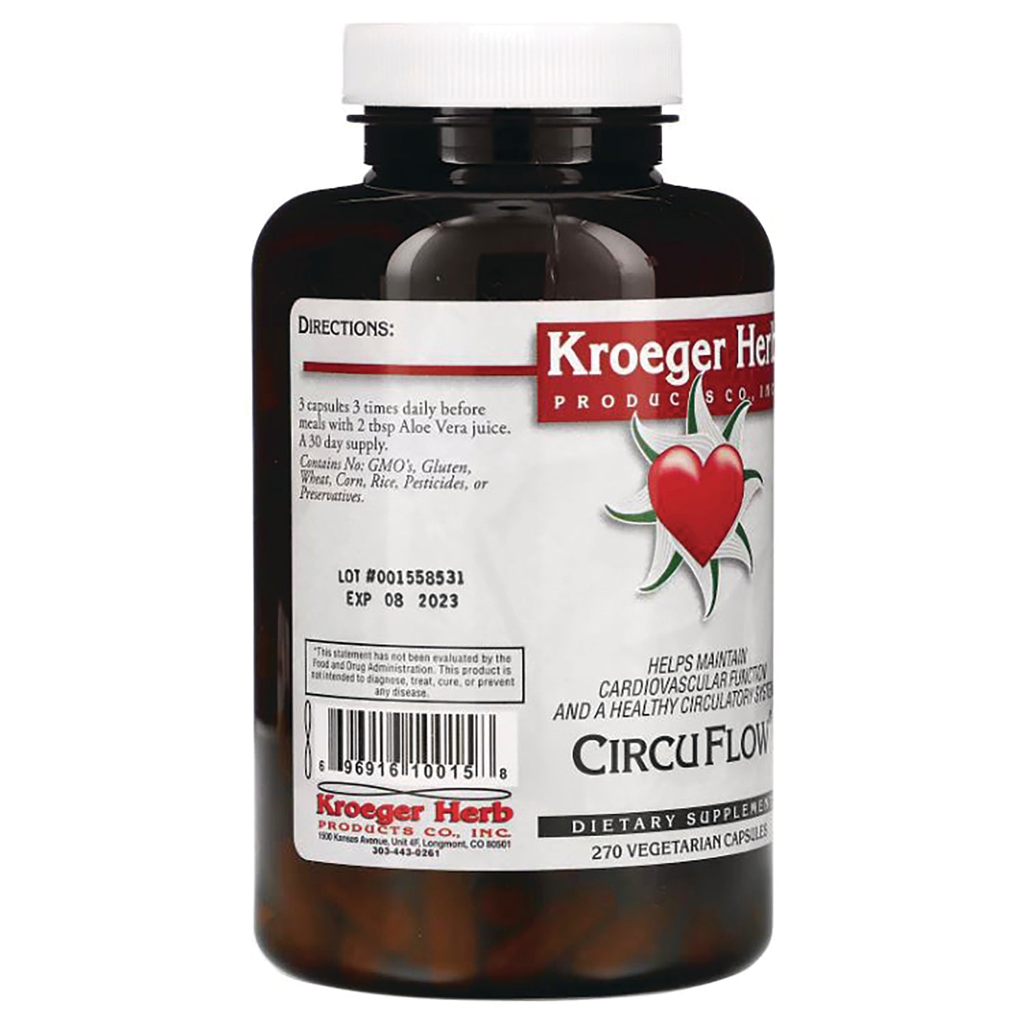 KRG003 | Back of brown supplement bottle label showing directions, lot and expiration date, barcode and Kroeger Herb CircuFlow branding