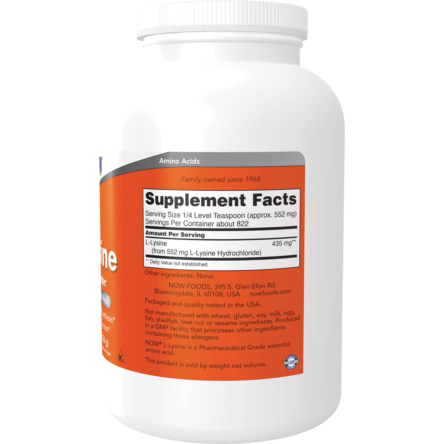 NWF252 | back of white supplement bottle showing Supplement Facts panel listing L-Lysine 435 mg and ingredient statement