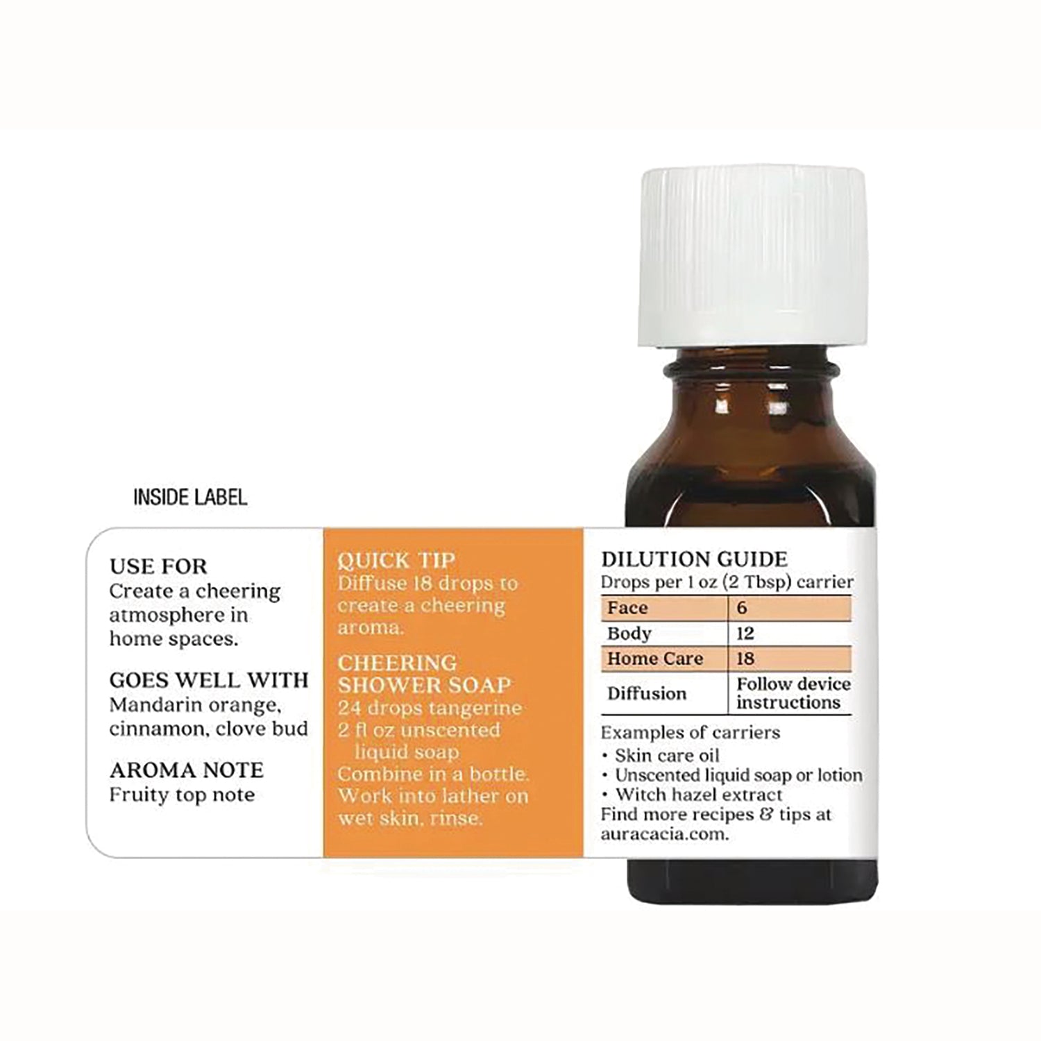 ARC042 | back label of amber essential oil bottle showing dilution guide, usage tips and scent pairings