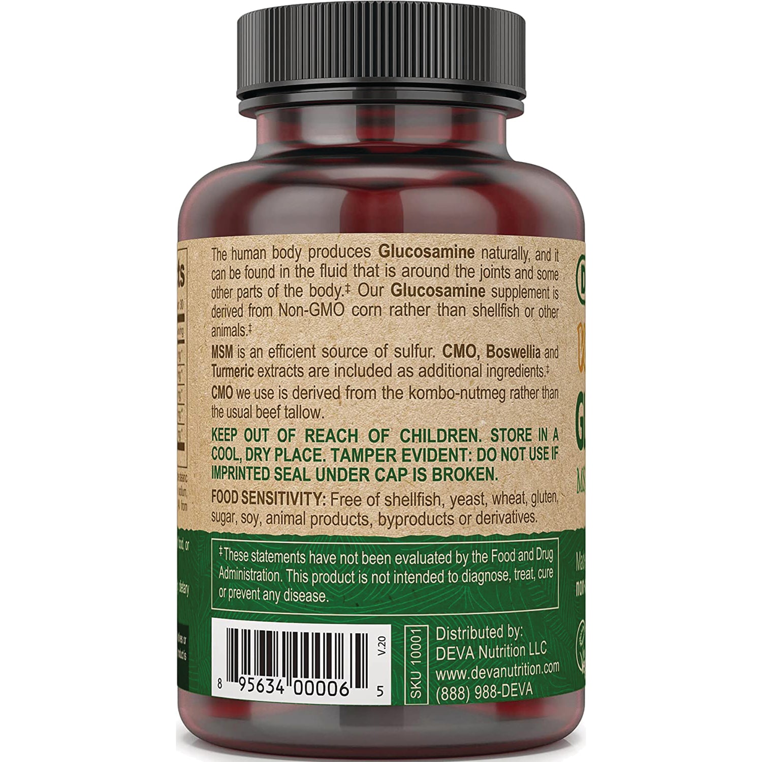 DEV010 | Back label of supplement bottle showing ingredients, warnings including KEEP OUT OF REACH OF CHILDREN, barcode and distributor details