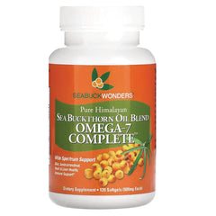 SBW002 | White bottle labeled Seabuck Wonders Sea Buckthorn Oil Blend Omega-7 Complete dietary supplement, 120 softgels
