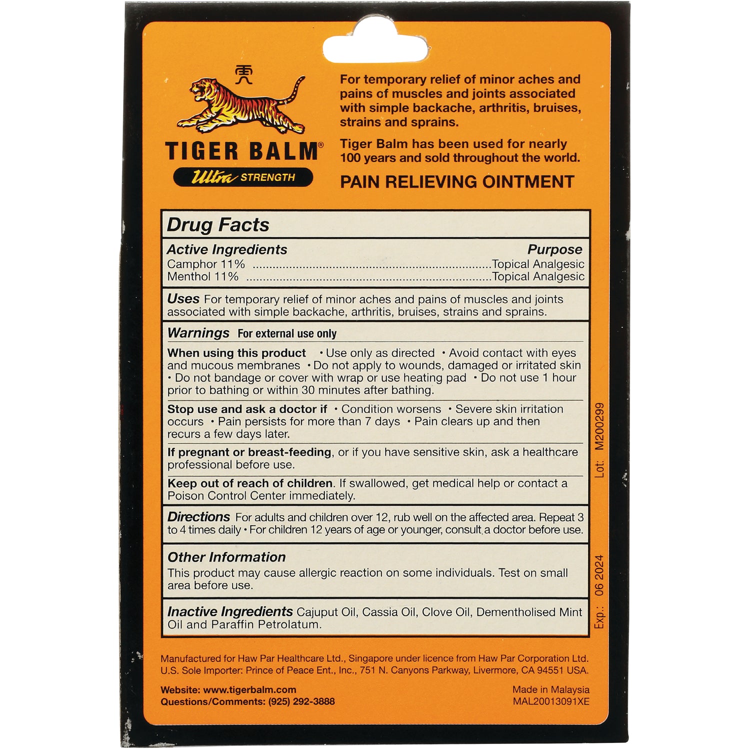 PPC002 | Tiger Balm pain relieving ointment back panel showing Drug Facts with active ingredients Camphor 11% and Menthol 11%