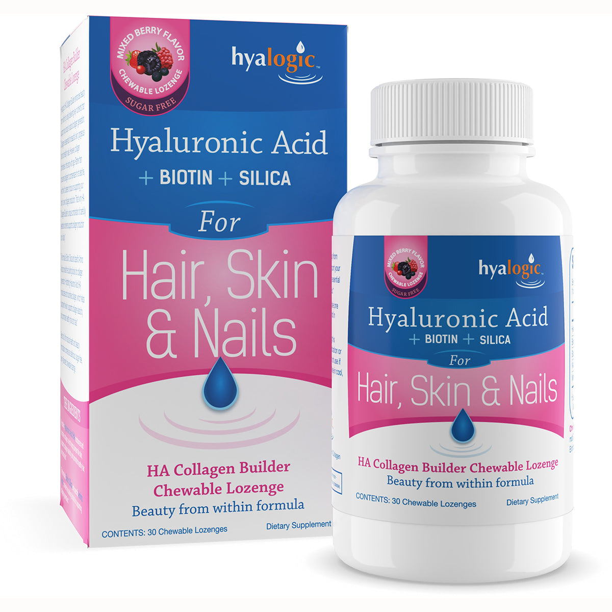 HYL008 | Bottle and box of Hyaluronic Acid with Biotin and Silica chewable lozenges for hair, skin & nails