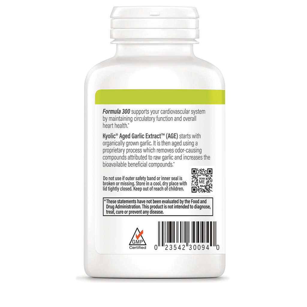 KY146 | back label of white supplement bottle with Formula 300 description, Kyolic Aged Garlic Extract text, QR code and barcode - Thumbnail