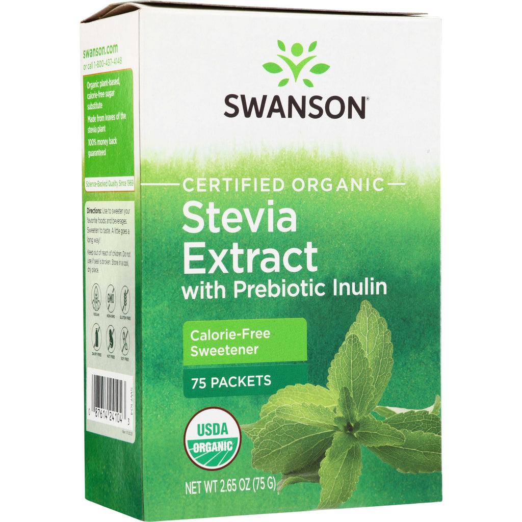 SWF104 | Swanson Certified Organic Stevia Extract with Prebiotic Inulin, 75 packets, calorie-free sweetener - Thumbnail