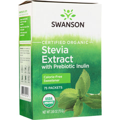 SWF104 | Swanson Certified Organic Stevia Extract with Prebiotic Inulin, 75 packets, calorie-free sweetener