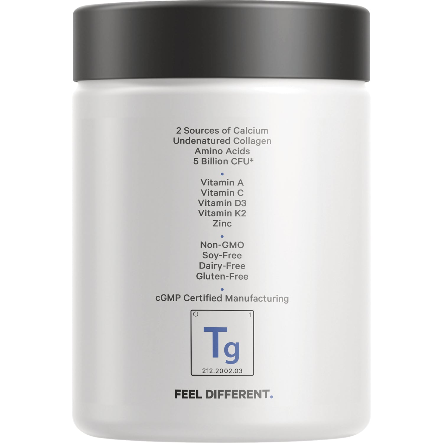 CDG031 | Back of white supplement jar showing ingredient list and labels: Vitamin A C D3 K2, zinc, Non-GMO, soy-free, dairy-free, gluten-free