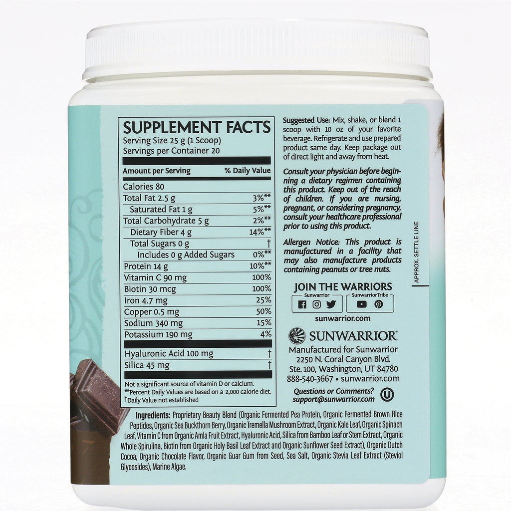 SNW032 | Sunwarrior supplement container back showing Supplement Facts, suggested use, allergen notice, and ingredients - Thumbnail