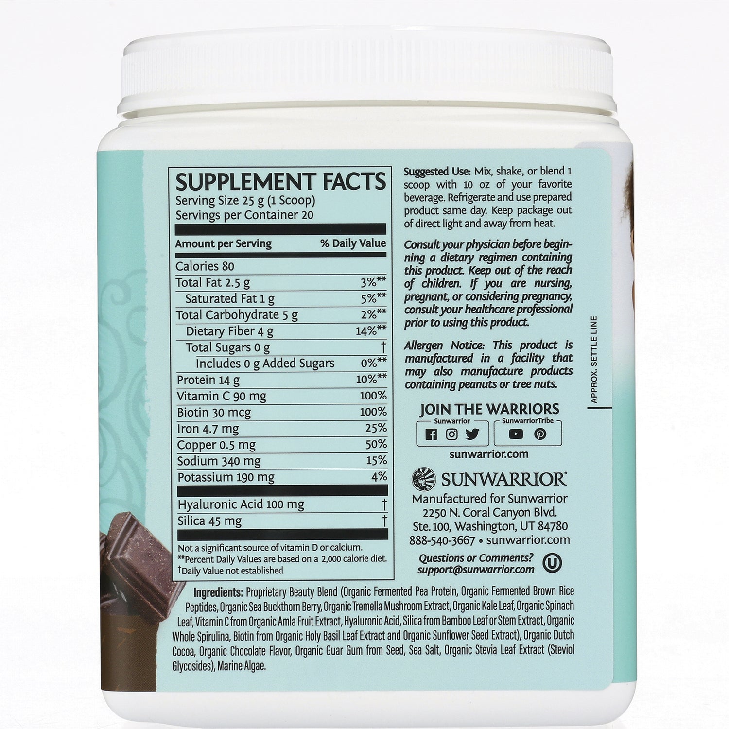 SNW032 | Sunwarrior supplement container back showing Supplement Facts, suggested use, allergen notice, and ingredients