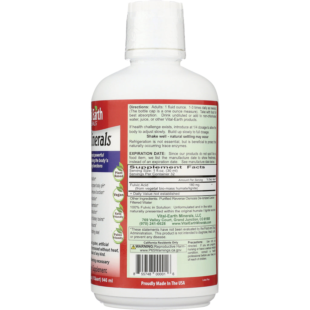 VEM002 | Back label with directions, supplement facts, and warnings for Vital-Earth Minerals 32 fl oz bottle - Thumbnail