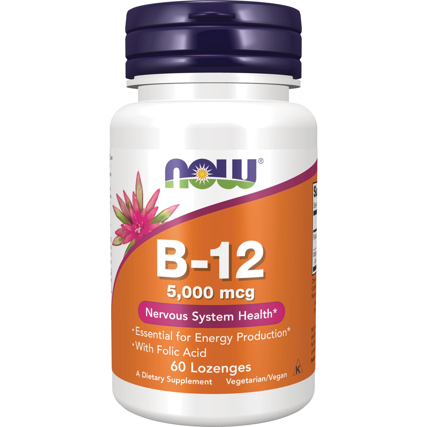 NWF365 | NOW B-12 5,000 mcg bottle with orange label reading Nervous System Health, 60 lozenges