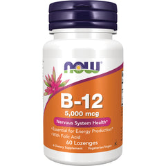 NWF365 | NOW B-12 5,000 mcg bottle with orange label reading Nervous System Health, 60 lozenges