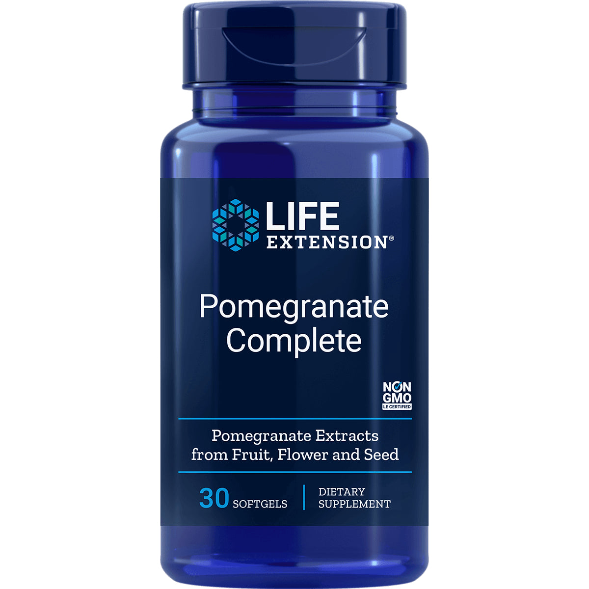 LE379 | Blue supplement bottle labeled LIFE EXTENSION Pomegranate Complete, 30 softgels