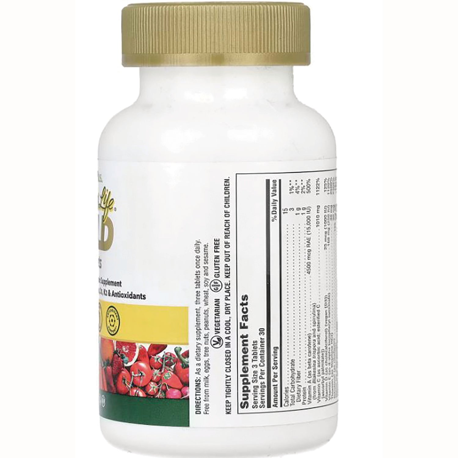 NTP202 | Back of white supplement bottle with gold cap showing Supplement Facts panel