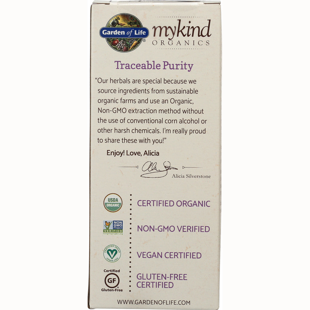 GLF260 | Back panel of Garden of Life mykind organics box with Traceable Purity statement and certifications: Certified Organic, Non-GMO, Vegan, Gluten-free - Thumbnail