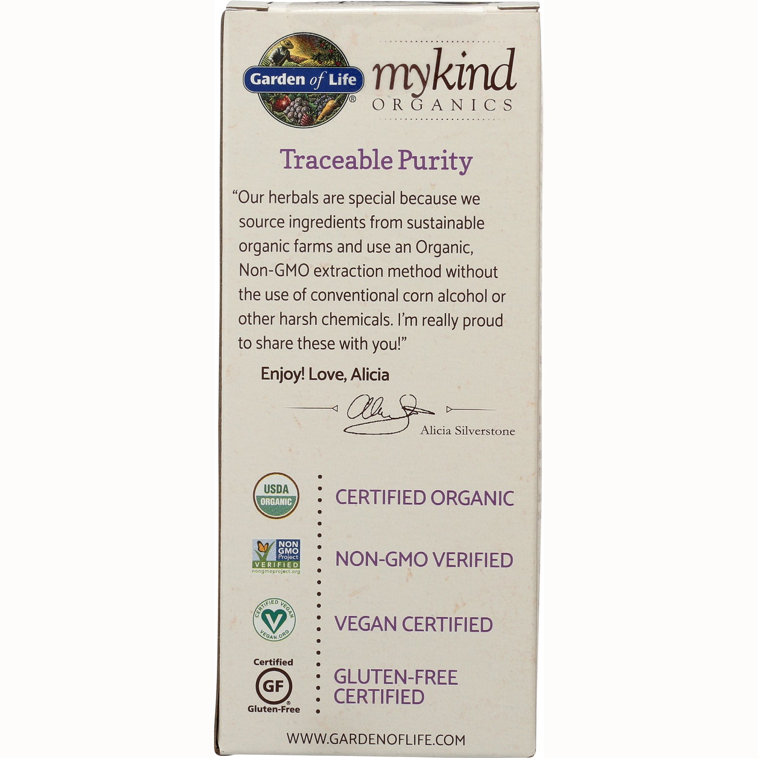 GLF260 | Back panel of Garden of Life mykind organics box with Traceable Purity statement and certifications: Certified Organic, Non-GMO, Vegan, Gluten-free