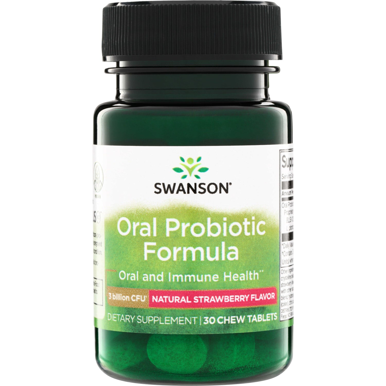 SWU1024 | Swanson Oral Probiotic Formula, Oral and Immune Health, 3 billion CFU, natural strawberry flavor, 30 chew tablets