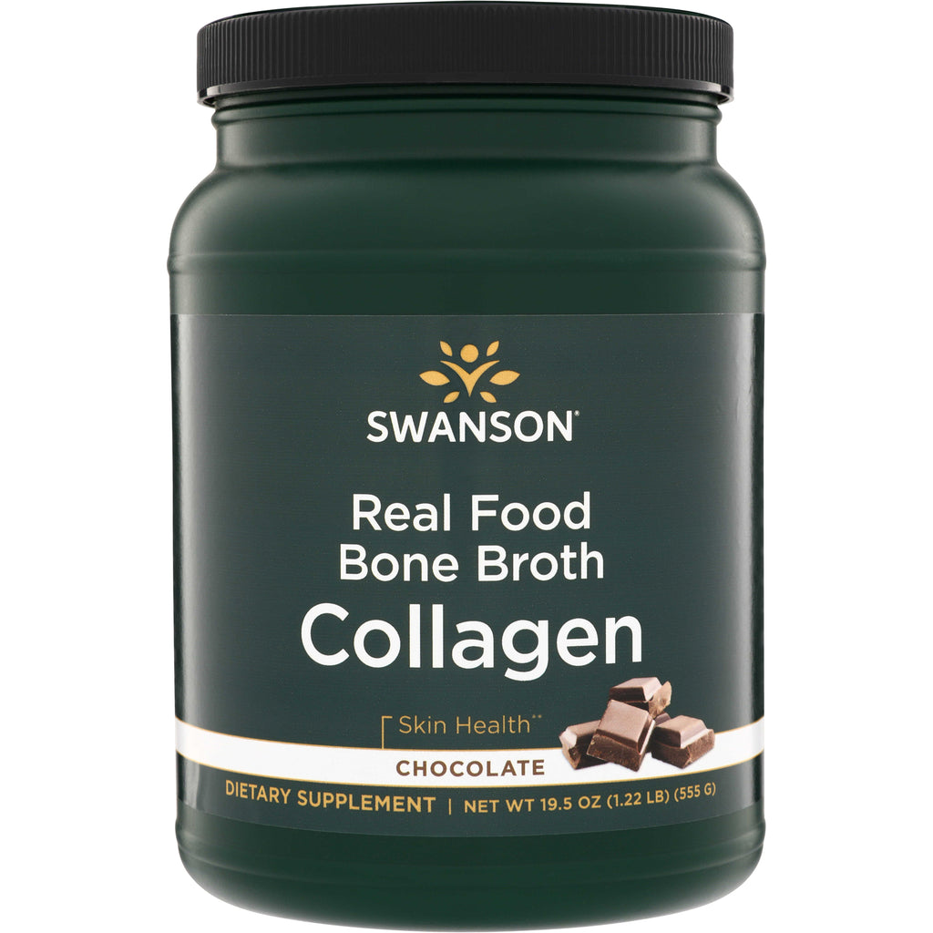 SWU1068 | Swanson Real Food Bone Broth Collagen, Chocolate, dietary supplement powder, 19.5 oz jar front - Thumbnail