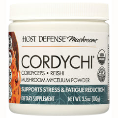 FUN044 | Jar front showing CORDYCHI cordyceps  reishi mushroom mycelium powder dietary supplement NET WT 3.5 oz