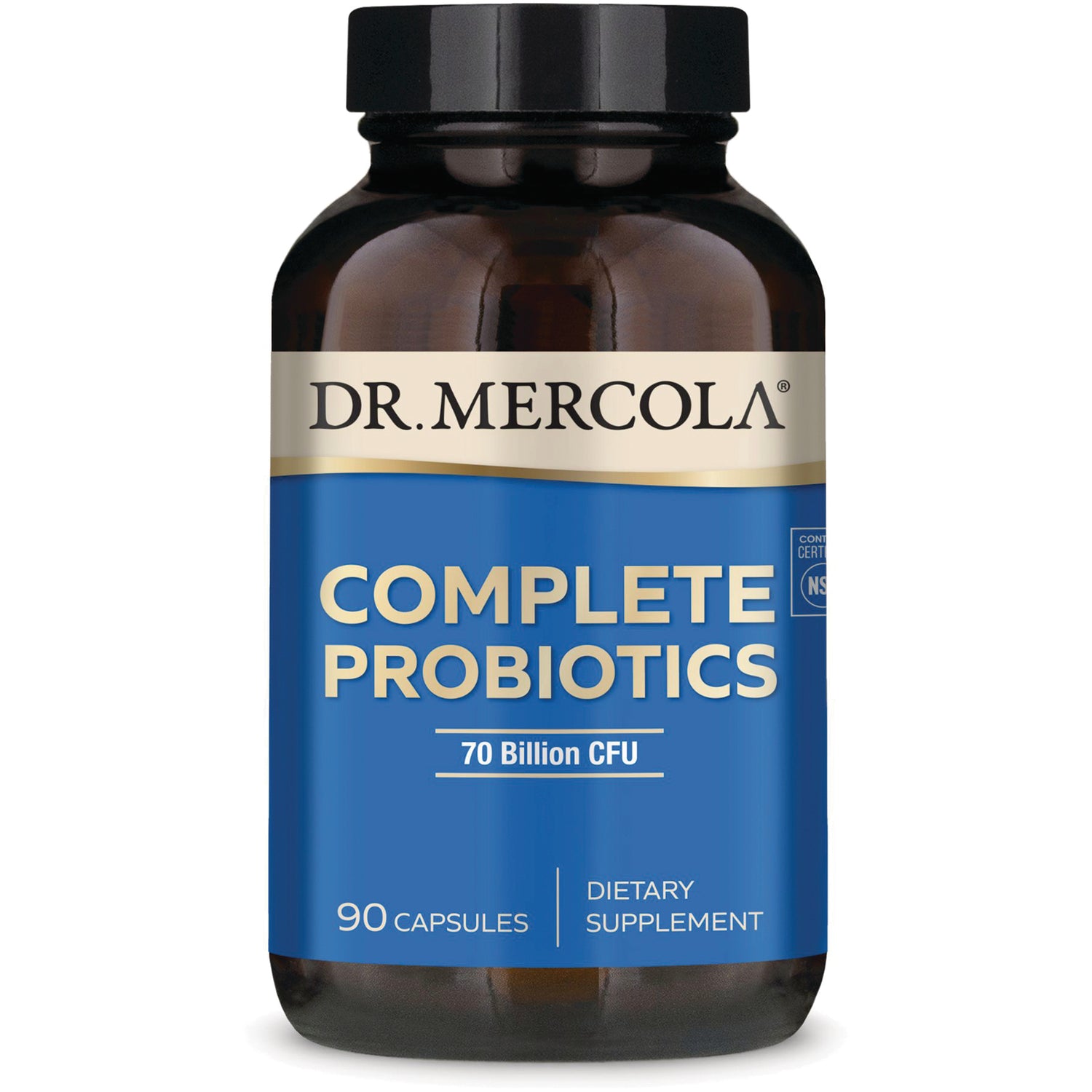 MRC094 | Dr. Mercola Complete Probiotics bottle with blue label reading 70 Billion CFU and 90 capsules, dietary supplement