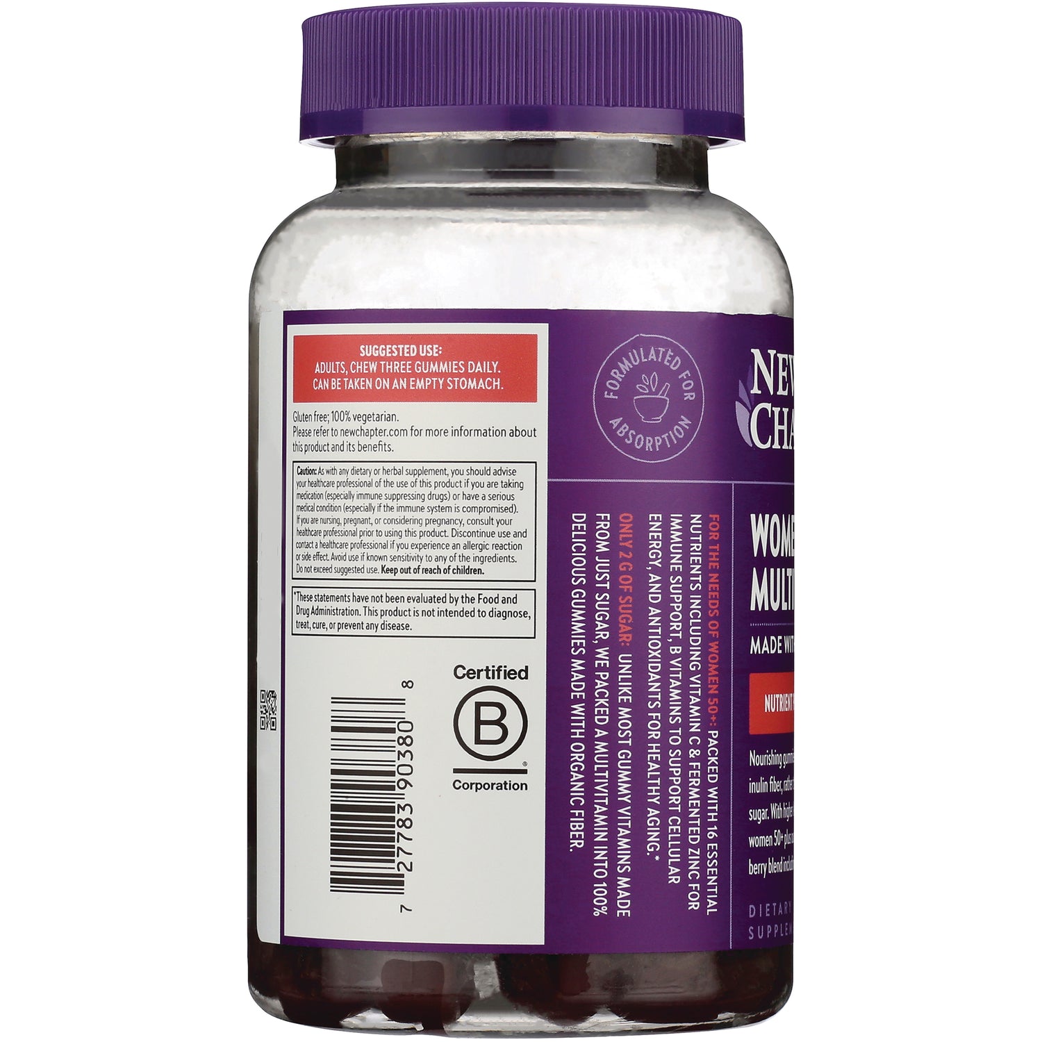 NWC379 | Back label of purple-capped supplement bottle showing suggested use panel, barcode, and certified B logo