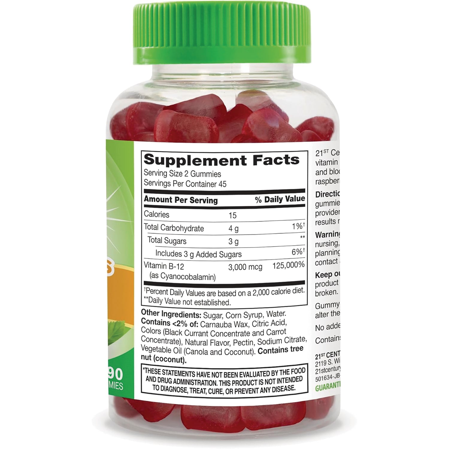 CNT284 | back of gummy bottle showing Supplement Facts label and ingredients, green cap and red gummies