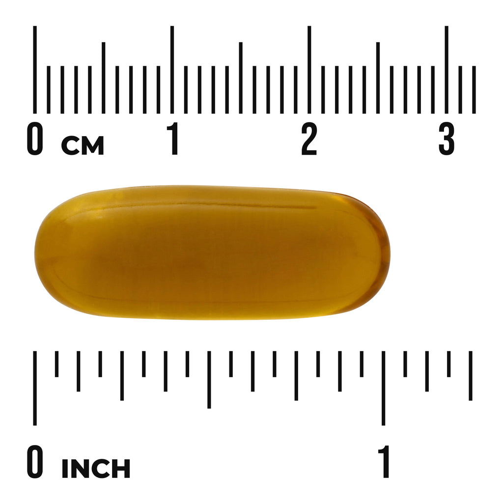 SWE054 | Amber softgel capsule shown against size scale in centimeters and inches - Thumbnail