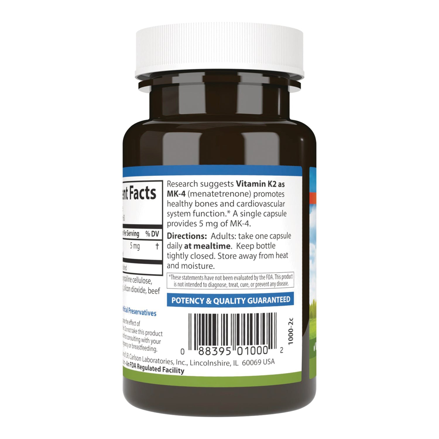 CSN028 | Back label of brown supplement bottle showing Vitamin K2 directions, potency & quality guaranteed banner and barcode