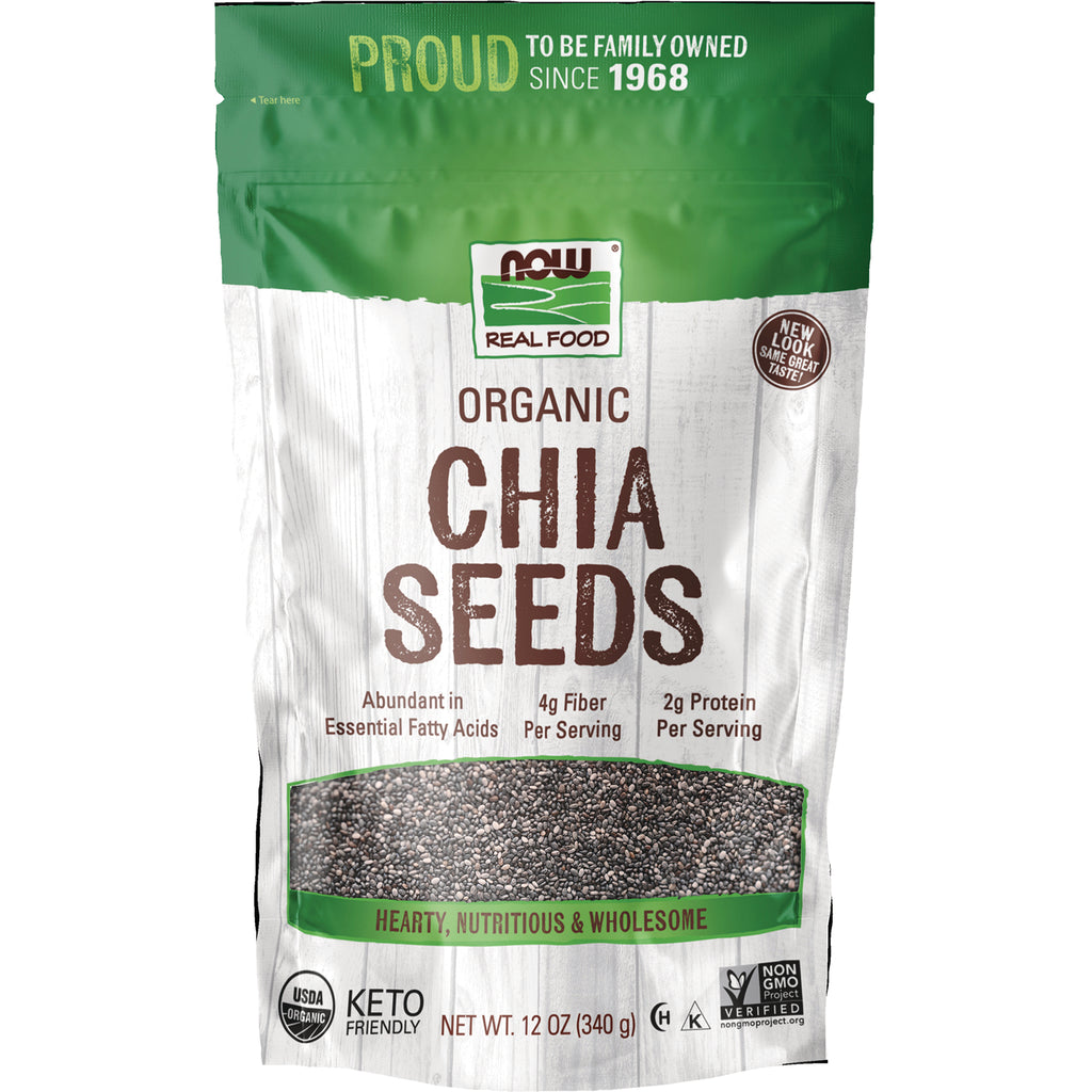 NWF1196 | NOW Real Food organic chia seeds front pouch with clear window showing seeds - Thumbnail